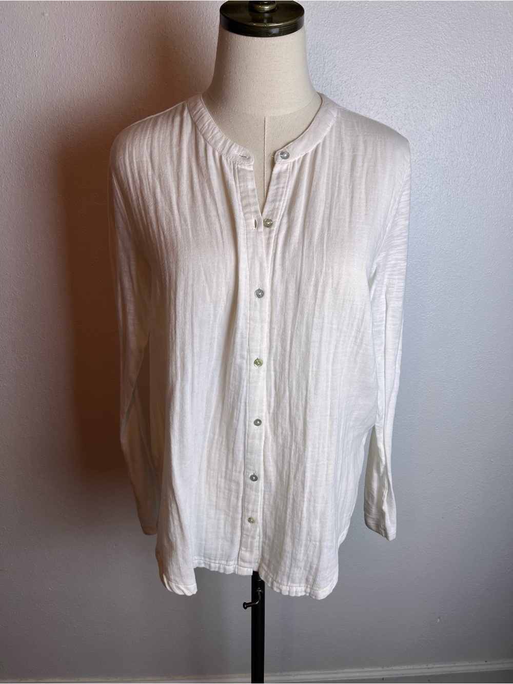 Lucky Brand White Gauze Button-Down Band Collar Women’s Shirt 100% Cotton